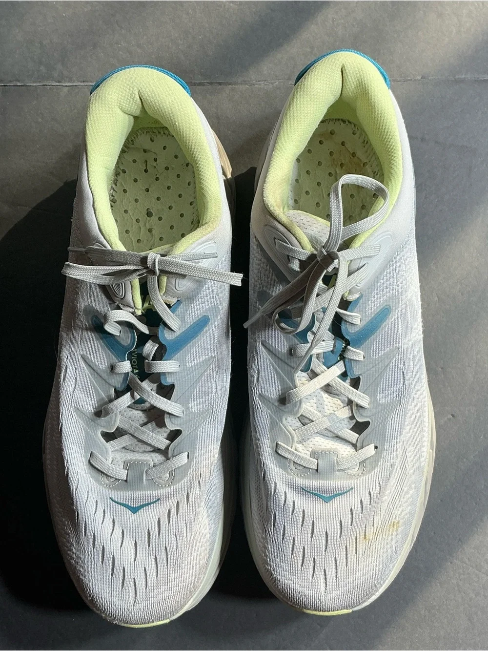 Hoka One One lite gray Running Shoes with Lime and Teal Accents